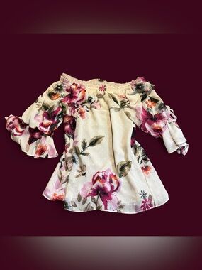 Off-Shoulder Floral Peasant Top - Cream with Pink Floral